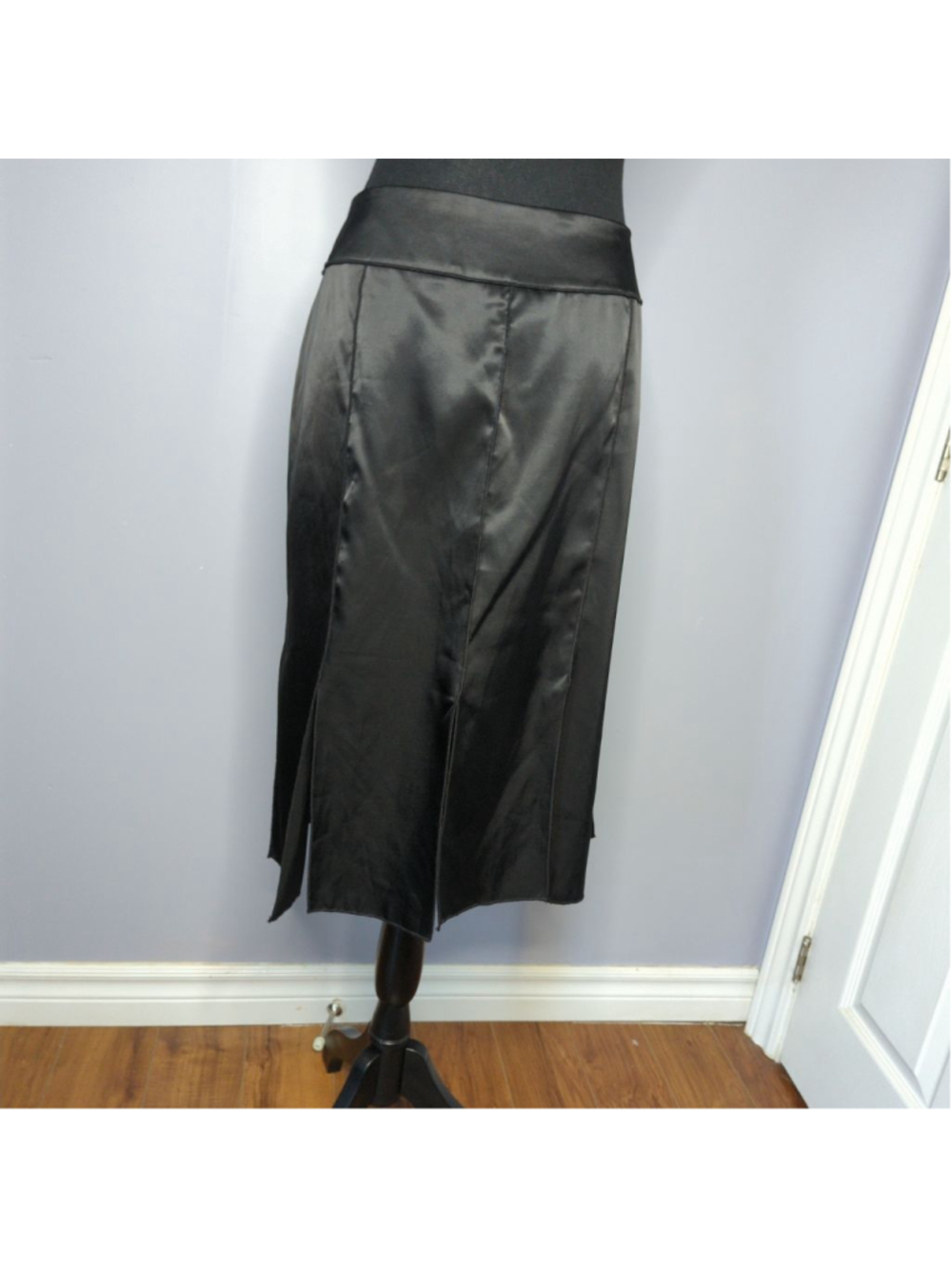 Vtg Nira Nira Black Satin Car Wash Panel Midi Skirt Sz 10 90s Goth Witchy - Picture 4 of 15